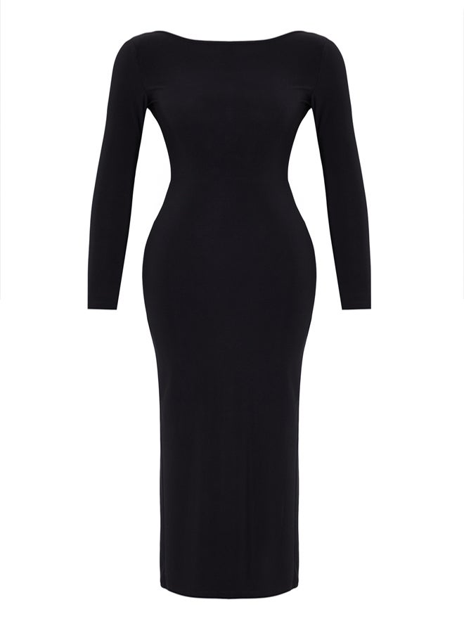 Black Boat Neck Backless Slit Fitted Maxi Flexible Knitted Dress TWOAW24EL00824