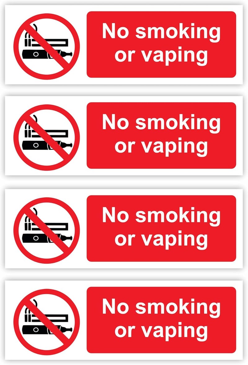 ARS No Smoking or Vaping Signs (4-Pack) Self-Adhesive / 5x15cm Each (Pack of 4) / Landscape Orientation Removable & Wipeable/Indoor or Outdoor Stickers/Gloss Finish/No Smoking Stickers - Image 1