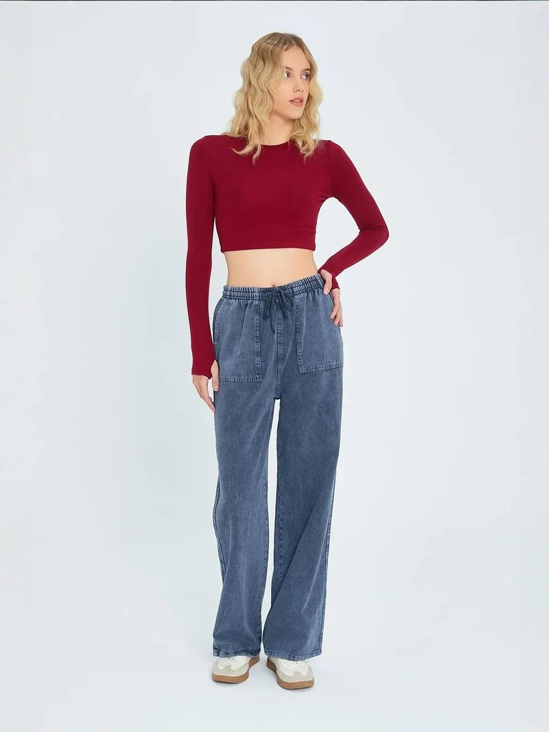 MixRay Navy Blue Mixray Elastic Waist Straight Leg Cotton Pants for Women | Best Price UAE