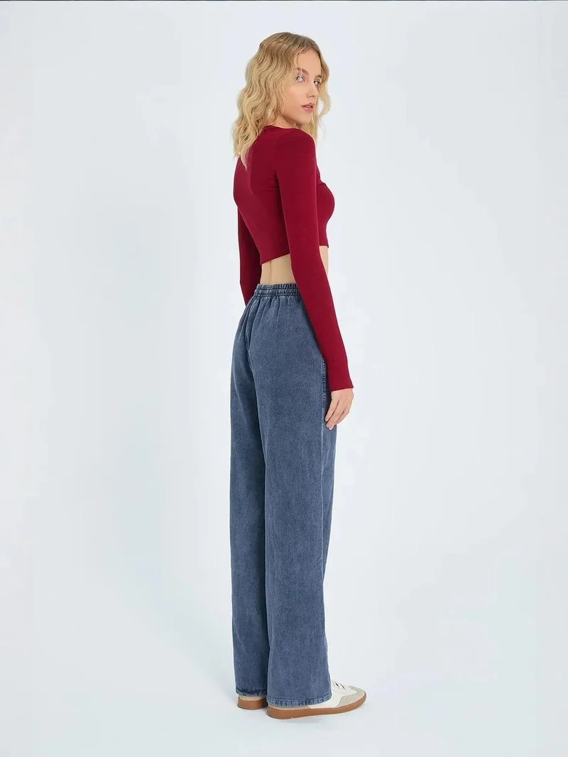 MixRay Navy Blue Mixray Elastic Waist Straight Leg Cotton Pants for Women | Best Price UAE