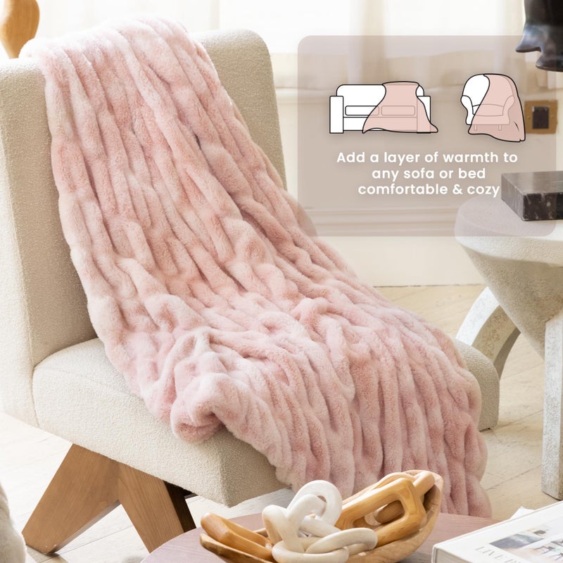 blunique Oversized Ruched Faux Fur Blanket - 60x80-Inch Extra Soft  Dual-Sided Flannel & Faux Fur Throw | Luxury Couch & Bed Blanket  Pink - Image 5