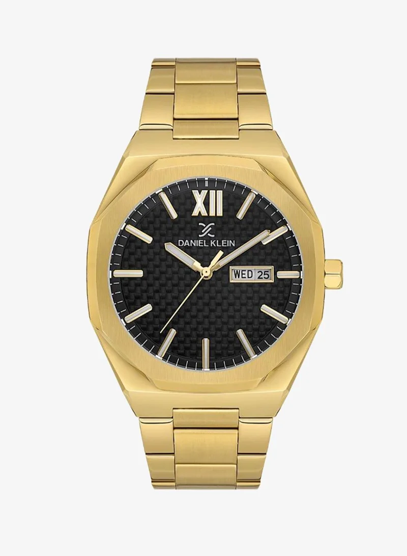 DANIEL KLEIN Men's Stainless Steel Gold Alloy Case Analog Black Round Emboss Dial Japanese Quartz Premium 50 Meters Water Resistant