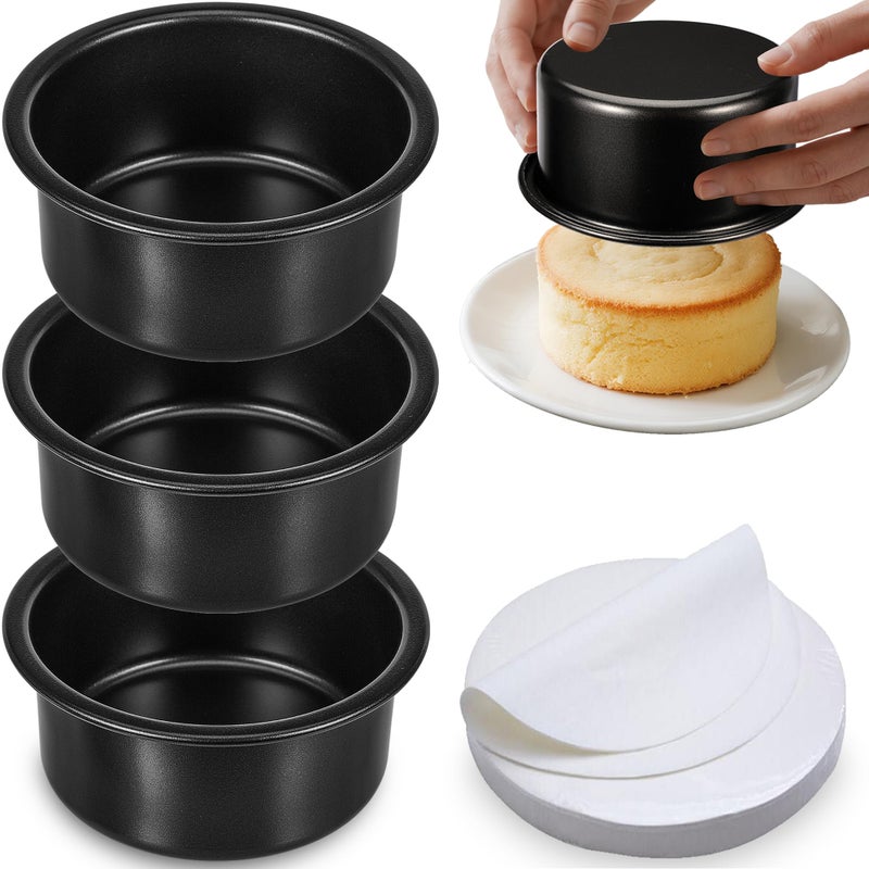 AWTBDP 4 Inch Cake Pan Set Of 3  Nonstick Smash Cake Pans With 100Pcs Parchment Paper For Christmas Birthday  Round Mini Cake Pans Tin For Baking Layer Cakes Small Cheesecake  Straight Side & Dishwasher Safe - Image 1