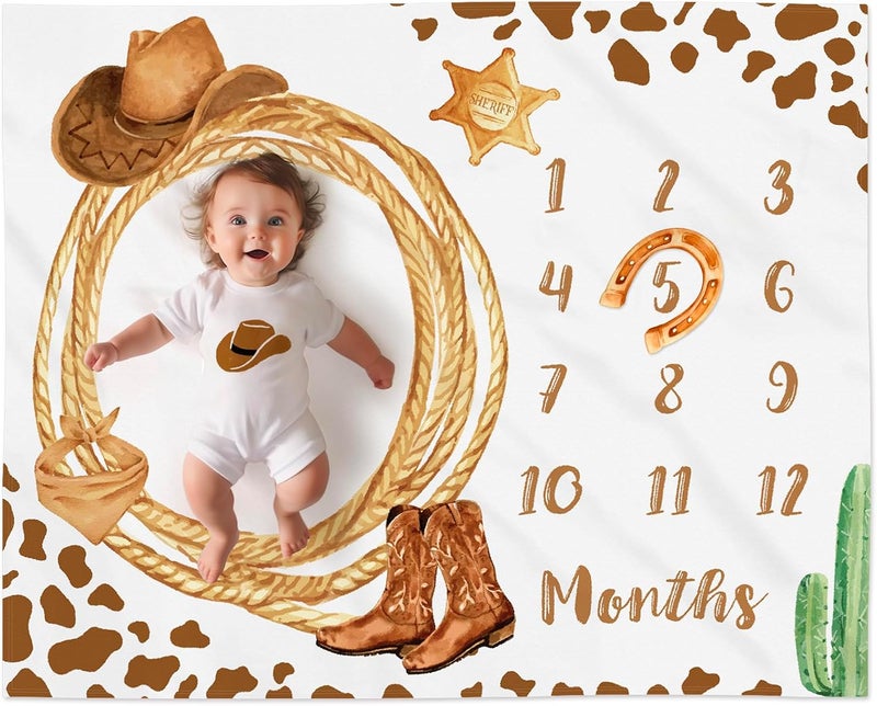 Gicoherero Cowboy Baby Milestone Blanket with Felt Horseshoe Frame Western Theme Cow Print Photo Props My First Rodeo Birthday Party Supplies - Image 1