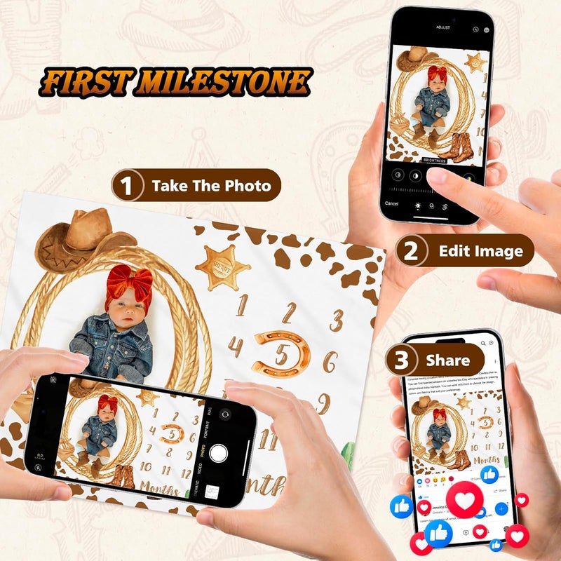 Gicoherero Cowboy Baby Milestone Blanket with Felt Horseshoe Frame Western Theme Cow Print Photo Props My First Rodeo Birthday Party Supplies - Image 4