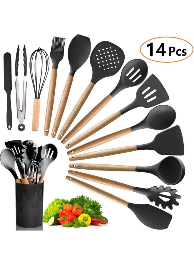 NIBEMINENT 14-Piece Silicone Kitchen Utensils Set Black/Beige one sizecm - Image 1