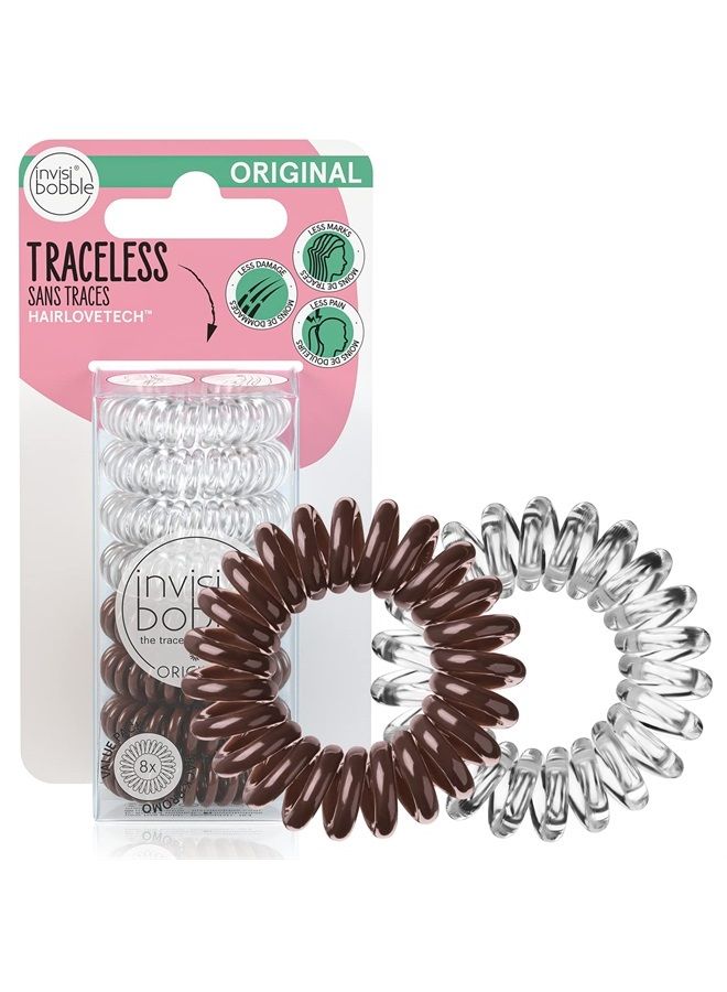 invisibobble Original Traceless Spiral Hair Ties - Pack of 8, Crystal Clear and Pretzel Brown - Strong Elastic Grip Coil Accessories for Women - Non Soaking - Gentle for Girls Teens and Thick Hair - Image 1