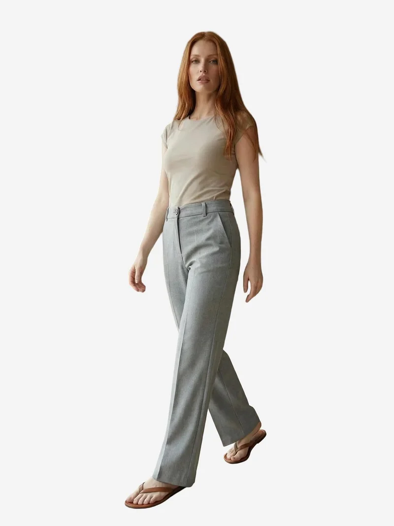 My Fashion Grey MY FASHION Tailored Mid Waist Straight Leg Trousers for Women | Best Price UAE