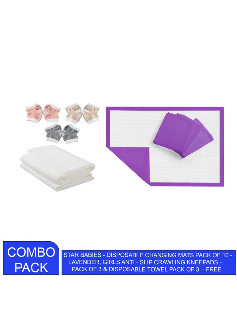 STAR BABiES Combo Pack Pack Changing Mat 10Pcs Disposable Towel 3Pcs Knee Pad 3Pair Lavender - Image 1