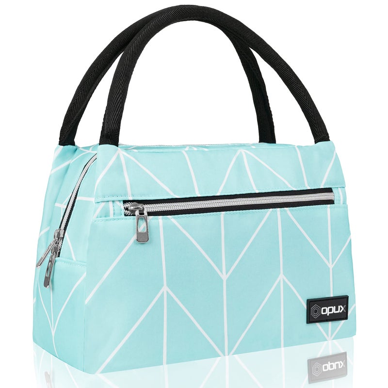 opux Lunch Bag for Women, Insulated Lunch Box Tote for Girls Work Adult School, Small Reusable Cooler Bag Lunch Container Food Tote for Travel Picnic, Fits 11 Cans, Chevron Teal - Image 1
