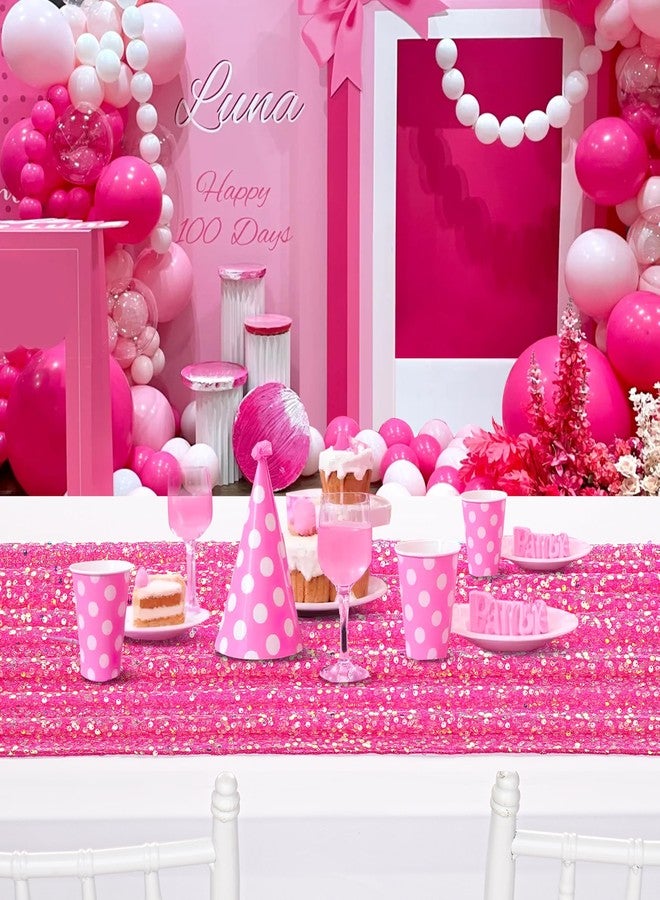 كوين دريم مفرش طاولة وردي فاقع مقاس 25 بوصة × 120 بوصة، مفرش طاولة مزين بالترتر، قماش لامع بألوان متقزحة، مثالي لتزيين حفلات الفتيات بطابع حورية البحر، وحفلات الزفاف، وأعياد الميلاد. - Image 3