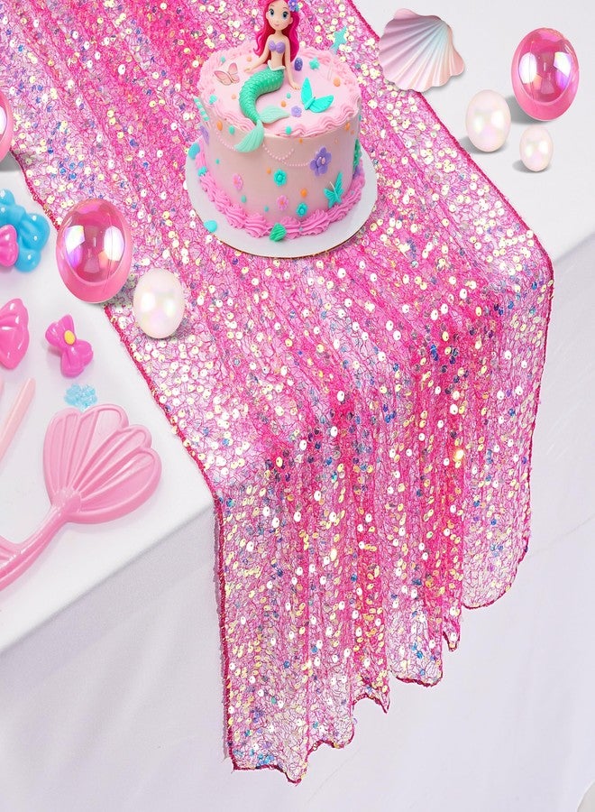 كوين دريم مفرش طاولة وردي فاقع مقاس 25 بوصة × 120 بوصة، مفرش طاولة مزين بالترتر، قماش لامع بألوان متقزحة، مثالي لتزيين حفلات الفتيات بطابع حورية البحر، وحفلات الزفاف، وأعياد الميلاد. - Image 1