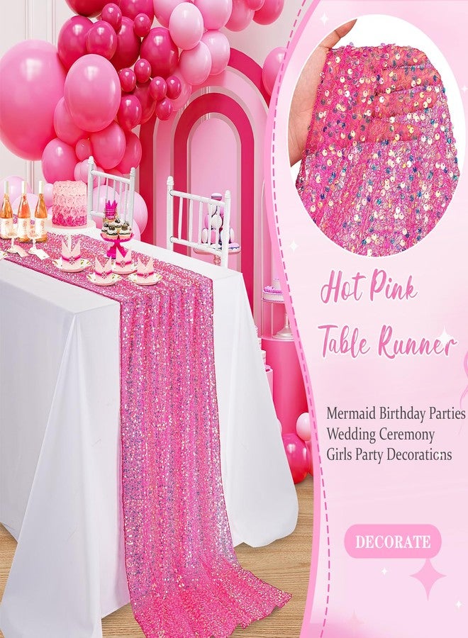 كوين دريم مفرش طاولة وردي فاقع مقاس 25 بوصة × 120 بوصة، مفرش طاولة مزين بالترتر، قماش لامع بألوان متقزحة، مثالي لتزيين حفلات الفتيات بطابع حورية البحر، وحفلات الزفاف، وأعياد الميلاد. - Image 4