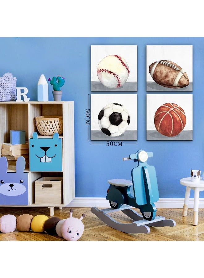 YOOOAHU Boys Bedroom Wall Decor Sports Wall Art Vintage Football Soccer Baseball Basketball Pictures for Nursery Room Rustic Ball Artwork Canvas Prints Kids Toddler Home Decoration 20x20" 4 Pcs Baby Gift - Image 4