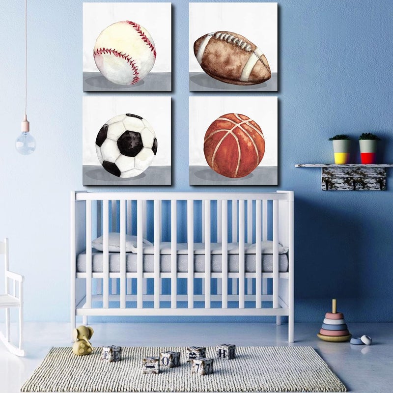 YOOOAHU Boys Bedroom Wall Decor Sports Wall Art Vintage Football Soccer Baseball Basketball Pictures for Nursery Room Rustic Ball Artwork Canvas Prints Kids Toddler Home Decoration 20x20" 4 Pcs Baby Gift - Image 5