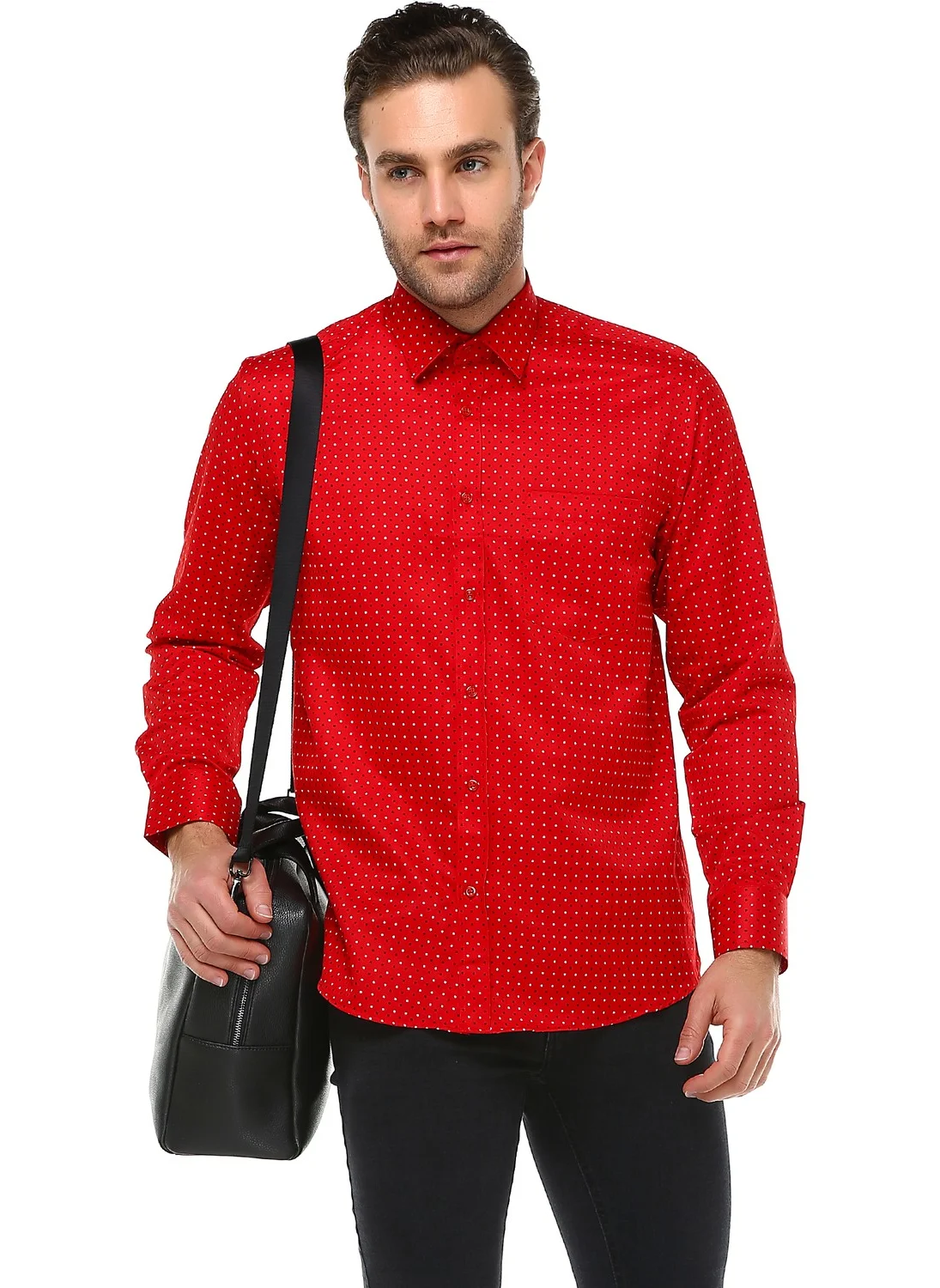 فاريتا Men's Red Cotton Patterned Long Sleeve Shirt with Pocket