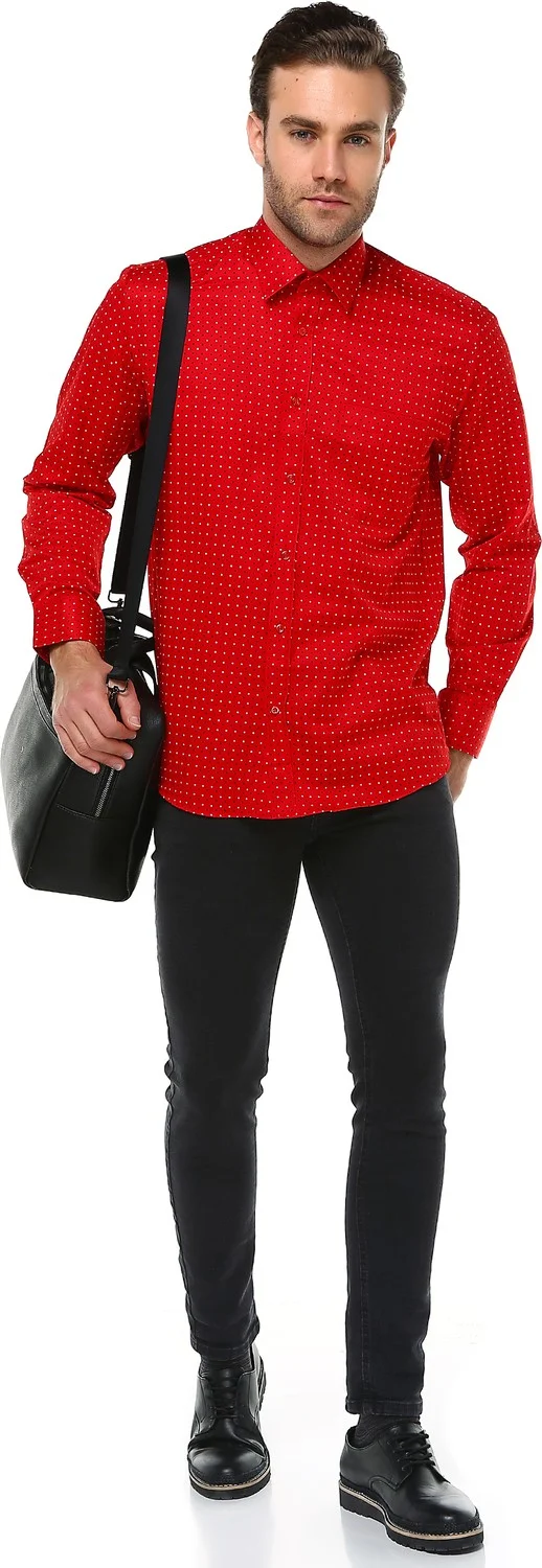 فاريتا Men's Red Cotton Patterned Long Sleeve Shirt with Pocket