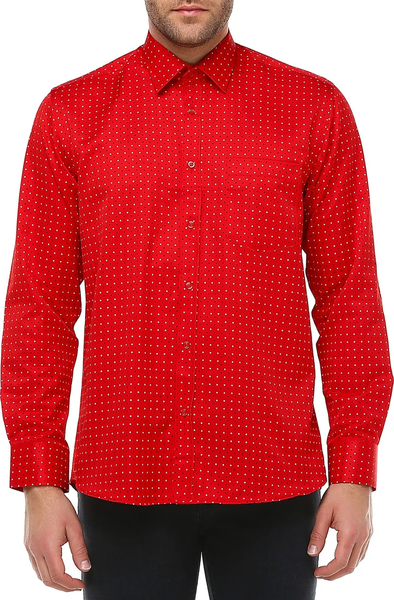 فاريتا Men's Red Cotton Patterned Long Sleeve Shirt with Pocket