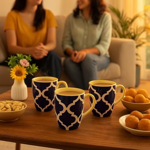 KITTENS Handpainted Ceramic Coffee Mug Set of 6 – 275ml – Blue & Yellow Moroccan Floral Design – Microwave & Dishwasher Safe – Food Grade Material – Ideal for Daily Use & Gifting - Image 4