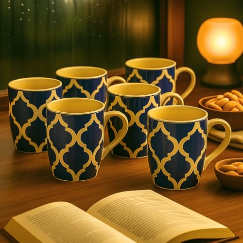 KITTENS Handpainted Ceramic Coffee Mug Set of 6 – 275ml – Blue & Yellow Moroccan Floral Design – Microwave & Dishwasher Safe – Food Grade Material – Ideal for Daily Use & Gifting - Image 1