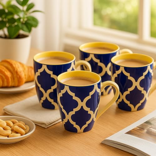 KITTENS Handpainted Ceramic Coffee Mug Set of 6 – 275ml – Blue & Yellow Moroccan Floral Design – Microwave & Dishwasher Safe – Food Grade Material – Ideal for Daily Use & Gifting - Image 2
