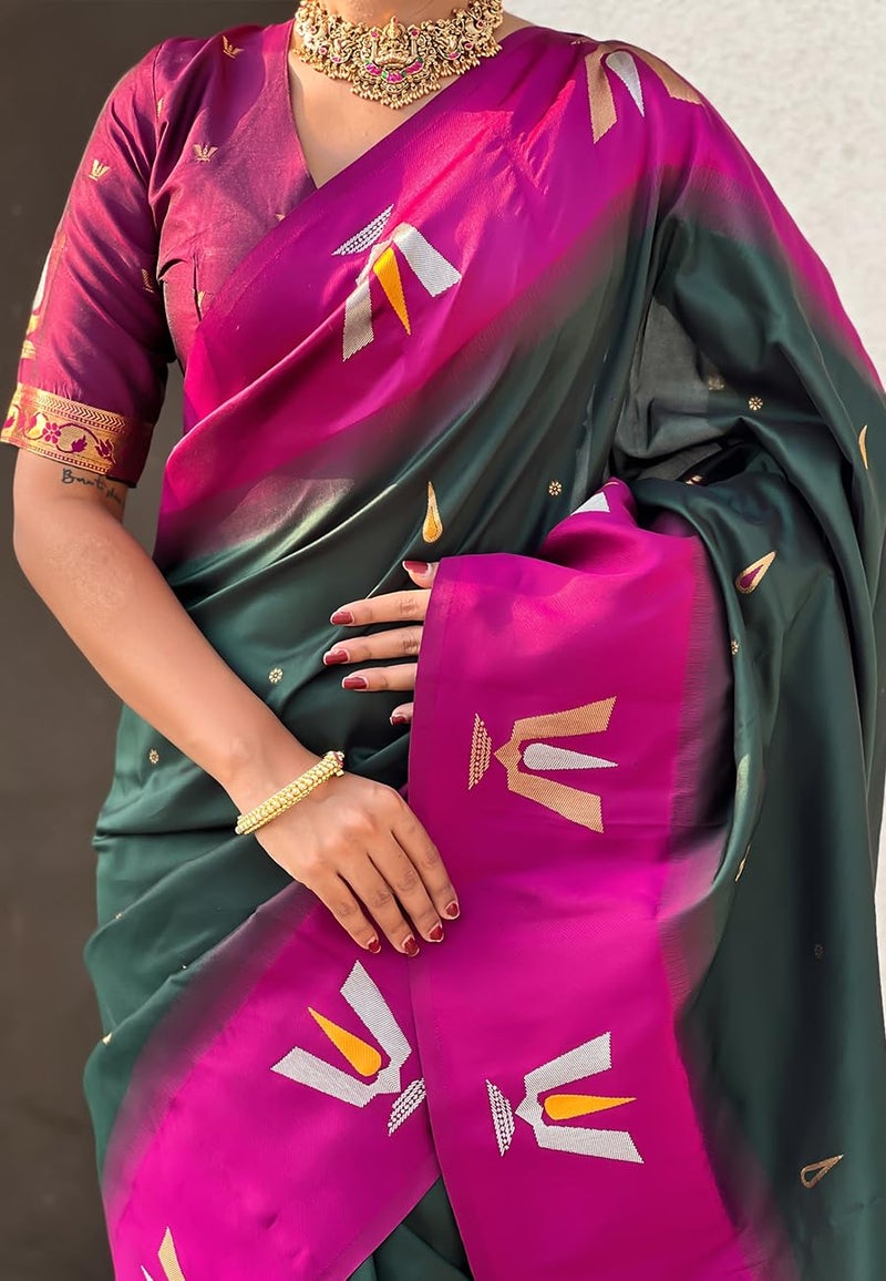 SGF11 Women's Kanjivaram Pure Soft Silk Saree With Unstitched Blouse Piece (Dark Green) - Image 5