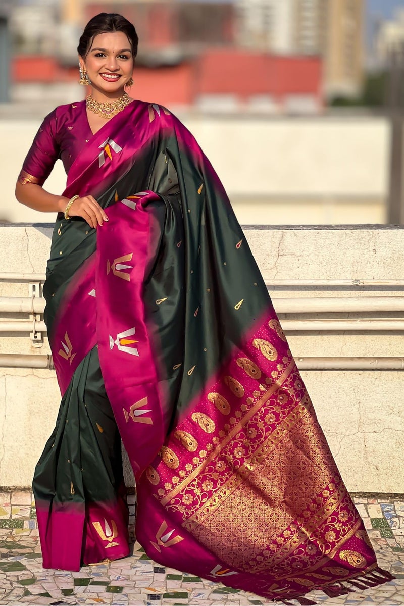 SGF11 Women's Kanjivaram Pure Soft Silk Saree With Unstitched Blouse Piece (Dark Green) - Image 2