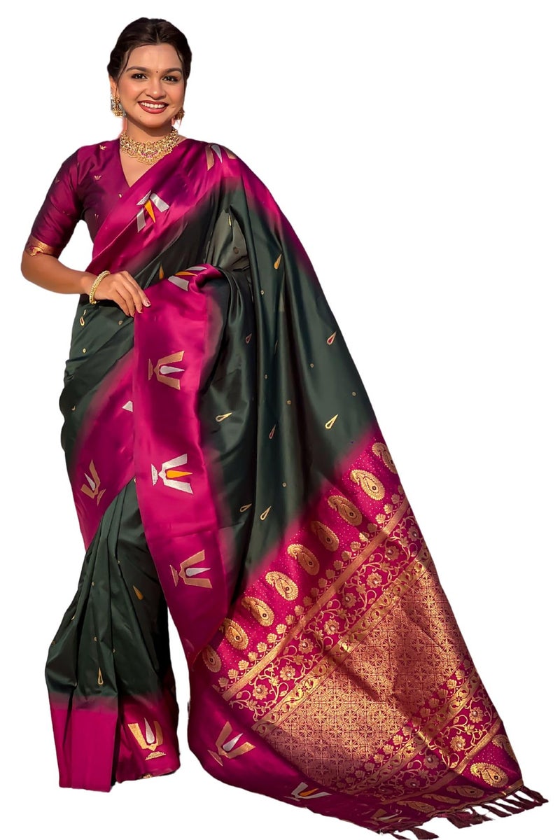 SGF11 Women's Kanjivaram Pure Soft Silk Saree With Unstitched Blouse Piece (Dark Green) - Image 1