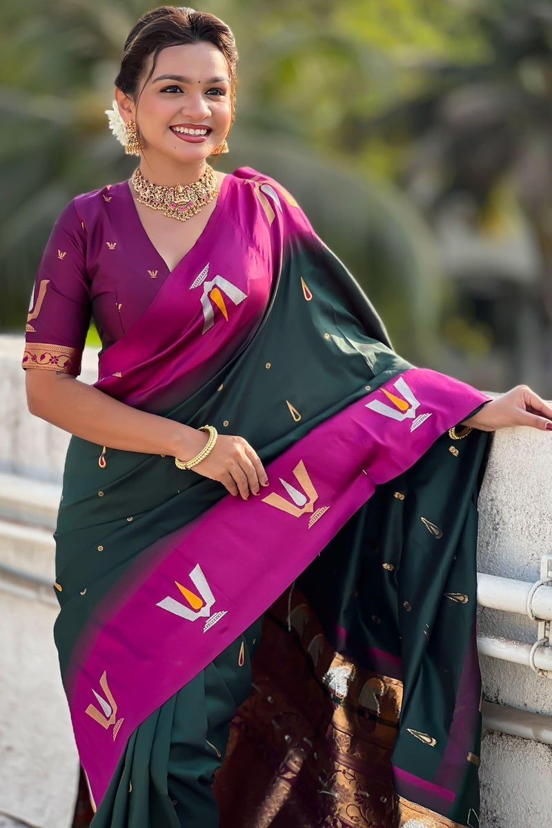 SGF11 Women's Kanjivaram Pure Soft Silk Saree With Unstitched Blouse Piece (Dark Green) - Image 3
