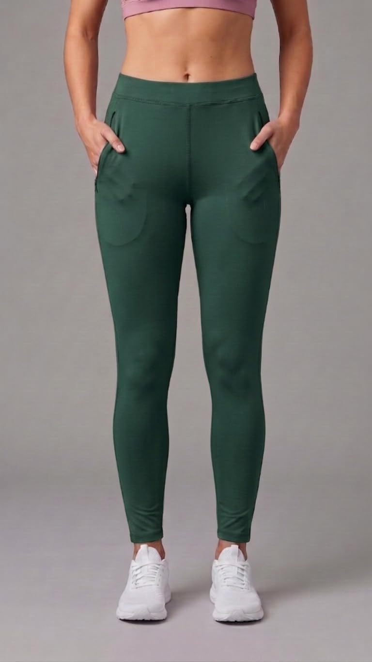 Mehrang Stretchable High Rise Yoga Pants for Women & Gym Pants for Women Workout with Mesh Insert & Side Pockets (in, Alpha, XL, Dark Green) - Image 3