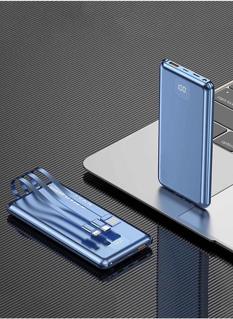 Power Bank USB C 10000mAh,Portable Charger with Built in Cable,PD & QC 20W Fast Charging Battery Charger,4 Output 2 Input LED Display External Battery Compatible with iPhone, Android- Blue