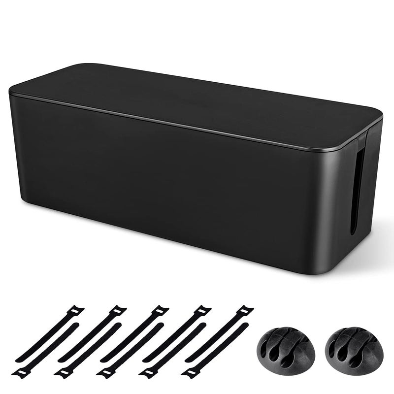 Naeety Cable Management Box, Large Cord Organizer Box to Hide Power Strip & Under Desk,TV Computer Wires Cable Organizer Hider Box with Cable Clips&Reusable Cable Ties for Home/Office(Black) - Image 1