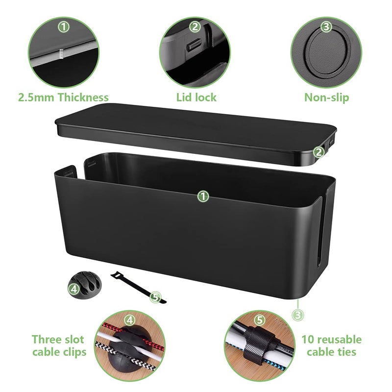 Naeety Cable Management Box, Large Cord Organizer Box to Hide Power Strip & Under Desk,TV Computer Wires Cable Organizer Hider Box with Cable Clips&Reusable Cable Ties for Home/Office(Black) - Image 4