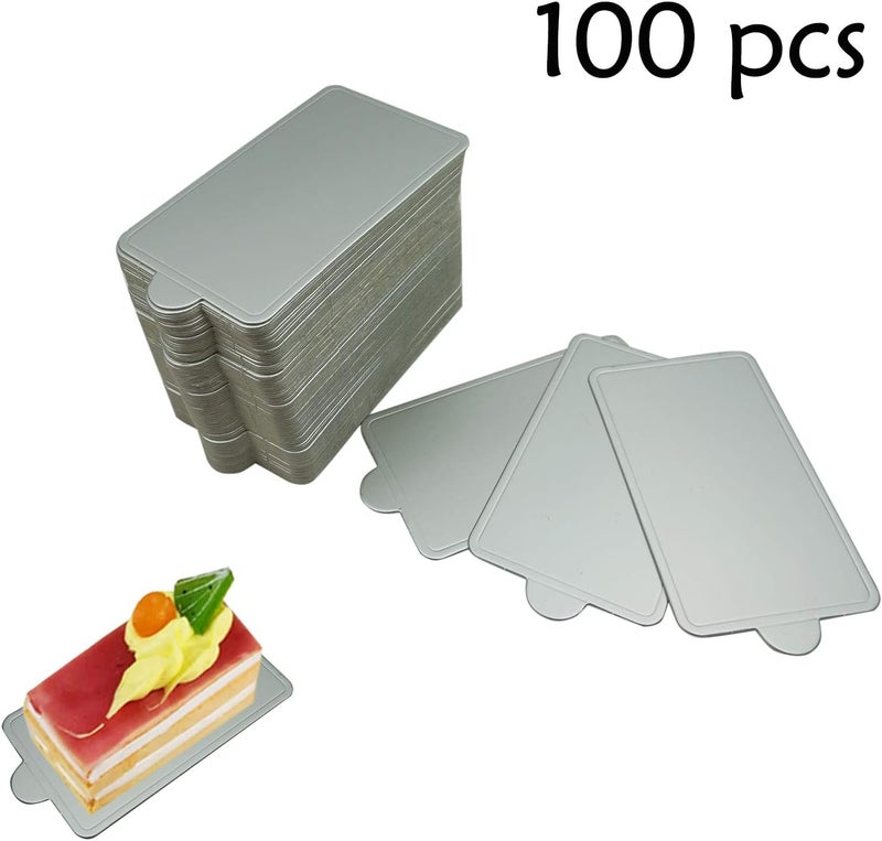 Proshopping 100 pcs 4.25"x2.36" Mini Cake Boards, Rectangular Silver Mousse Cake Cardboard Set, Cupcake Cake Base, Dessert Displays Tray, Disposable Paper Coasters - for Wedding Party Cake Pastry Cup - Image 3