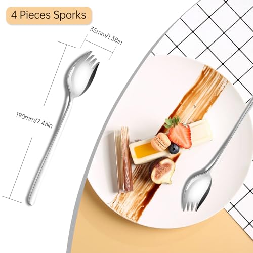 tiokin Sporks,4-Pack Salad Forks 18/10 Stainless Steel 7.4 Inches Long Handle Dessert Spoons Ice Cream Spoons Flatware Set Reusable Fruit Appetizer Dessert Forks for Household Use or Camping - Image 2