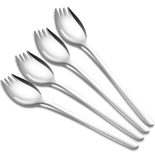 tiokin Sporks,4-Pack Salad Forks 18/10 Stainless Steel 7.4 Inches Long Handle Dessert Spoons Ice Cream Spoons Flatware Set Reusable Fruit Appetizer Dessert Forks for Household Use or Camping - Image 1