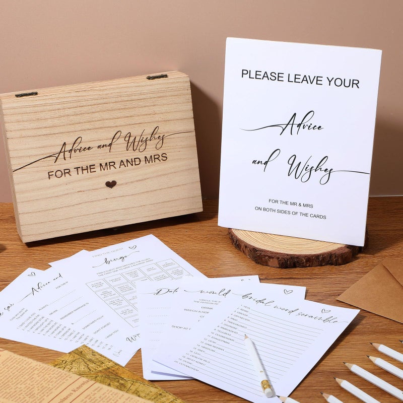 Silipull Bridal Shower Games Set for 50 Guests Includes Bingo, He Said She Said, Scramble, Would She Rather, Advice and Wishes Wedding Games Double Sided with Wooden Box, 20 Pencils(Minimalist) - Image 4