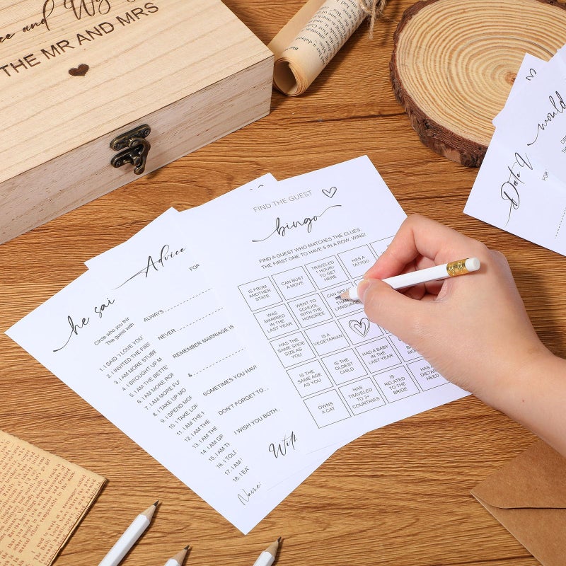 Silipull Bridal Shower Games Set for 50 Guests Includes Bingo, He Said She Said, Scramble, Would She Rather, Advice and Wishes Wedding Games Double Sided with Wooden Box, 20 Pencils(Minimalist) - Image 5