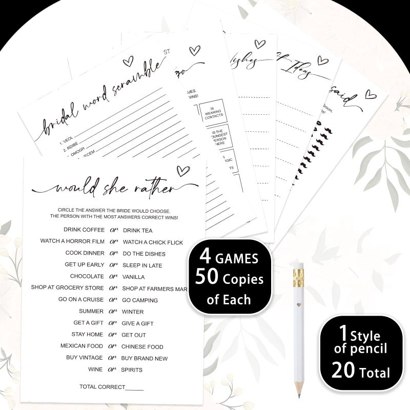 Silipull Bridal Shower Games Set for 50 Guests Includes Bingo, He Said She Said, Scramble, Would She Rather, Advice and Wishes Wedding Games Double Sided with Wooden Box, 20 Pencils(Minimalist) - Image 2
