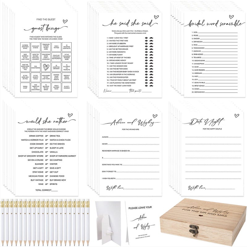 Silipull Bridal Shower Games Set for 50 Guests Includes Bingo, He Said She Said, Scramble, Would She Rather, Advice and Wishes Wedding Games Double Sided with Wooden Box, 20 Pencils(Minimalist) - Image 1