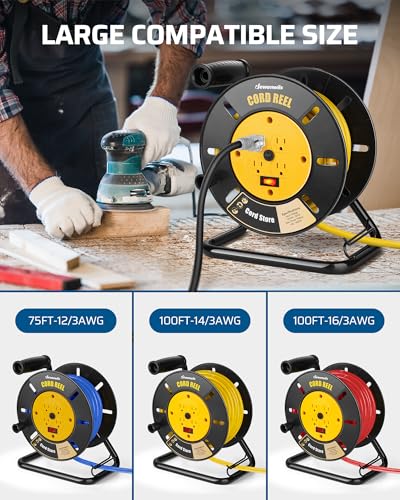 DEWENWILS بكرة تخزين سلك التمديد DEWENWILS مع 4 مآخذ مؤرضة، بكرة سلك مفتوحة ثقيلة، لسلك الطاقة 12/3، 14/3، 16/3، قابلة للسحب يدويًا، قاطع دائرة 13A، أصفر، مدرج في ETL - Image 5