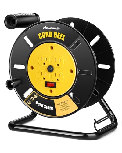 DEWENWILS بكرة تخزين سلك التمديد DEWENWILS مع 4 مآخذ مؤرضة، بكرة سلك مفتوحة ثقيلة، لسلك الطاقة 12/3، 14/3، 16/3، قابلة للسحب يدويًا، قاطع دائرة 13A، أصفر، مدرج في ETL - Image 1
