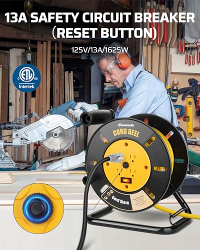 DEWENWILS بكرة تخزين سلك التمديد DEWENWILS مع 4 مآخذ مؤرضة، بكرة سلك مفتوحة ثقيلة، لسلك الطاقة 12/3، 14/3، 16/3، قابلة للسحب يدويًا، قاطع دائرة 13A، أصفر، مدرج في ETL - Image 4
