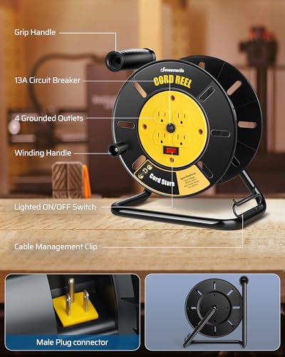 DEWENWILS بكرة تخزين سلك التمديد DEWENWILS مع 4 مآخذ مؤرضة، بكرة سلك مفتوحة ثقيلة، لسلك الطاقة 12/3، 14/3، 16/3، قابلة للسحب يدويًا، قاطع دائرة 13A، أصفر، مدرج في ETL - Image 2