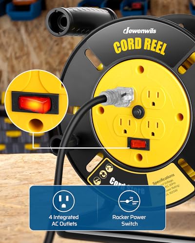 DEWENWILS بكرة تخزين سلك التمديد DEWENWILS مع 4 مآخذ مؤرضة، بكرة سلك مفتوحة ثقيلة، لسلك الطاقة 12/3، 14/3، 16/3، قابلة للسحب يدويًا، قاطع دائرة 13A، أصفر، مدرج في ETL - Image 3
