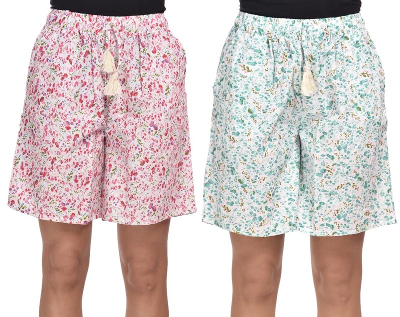 CIERGE Women's Cotton Floral Printed Shorts Combo (Pack of 2; Pink & Green) - Image 1