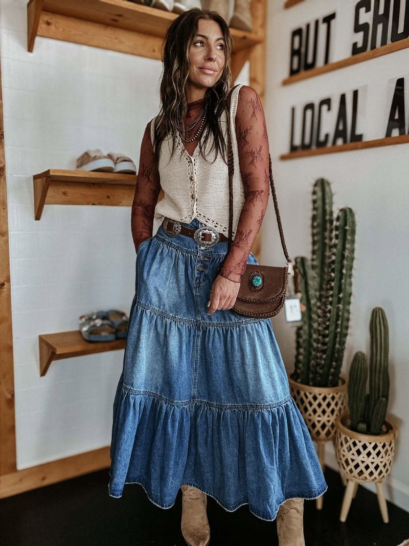 utcoco Women's High Waist Long Denim Skirt Button-Fly Tiered Ruffle Swing A-Line Jean Maxi Skirt with Pockets (X-Large, Dark Blue) - Image 3
