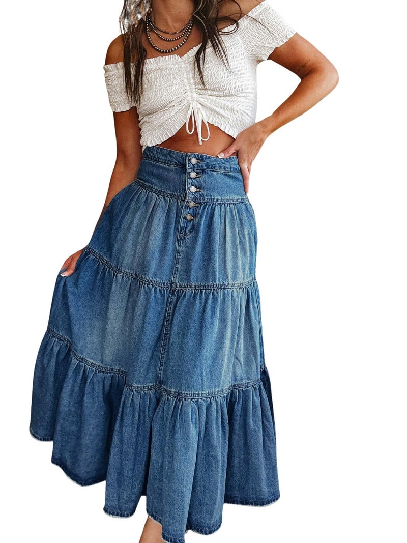 utcoco Women's High Waist Long Denim Skirt Button-Fly Tiered Ruffle Swing A-Line Jean Maxi Skirt with Pockets (X-Large, Dark Blue) - Image 1