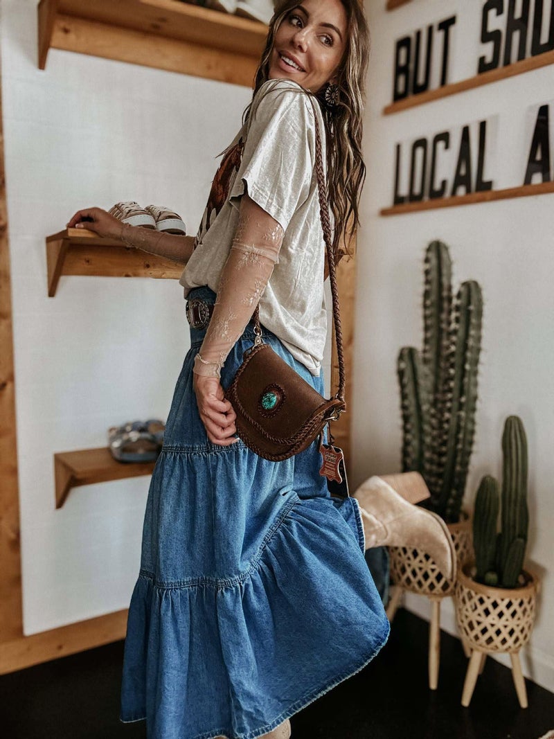 utcoco Women's High Waist Long Denim Skirt Button-Fly Tiered Ruffle Swing A-Line Jean Maxi Skirt with Pockets (X-Large, Dark Blue) - Image 4