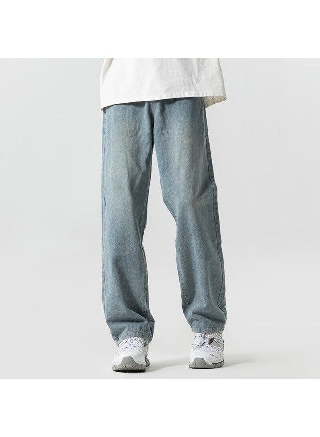 Poum Men's Summer Thin Casual Retro American High Street Loose Wide Leg Pants 505 Vintage Blue L - Image 3